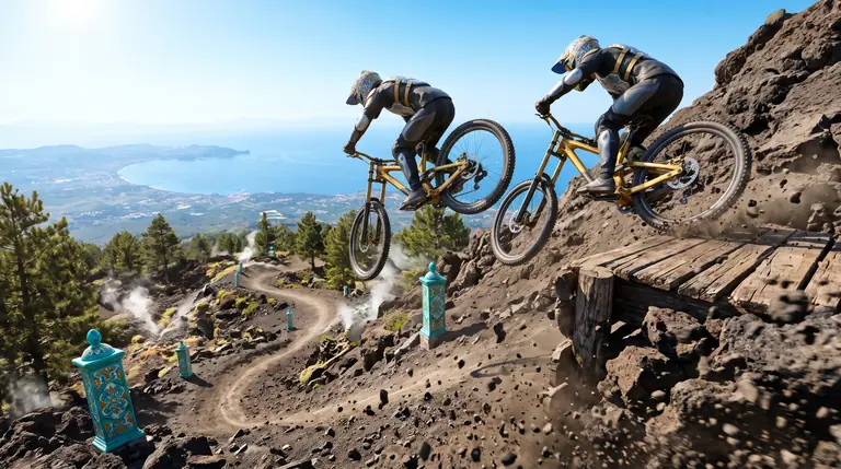 Due mountain bike da downhill eseguono un'acrobazia sincronizzata in volo sopra un salto di roccia vulcanica con vista sulla baia della caldera.
